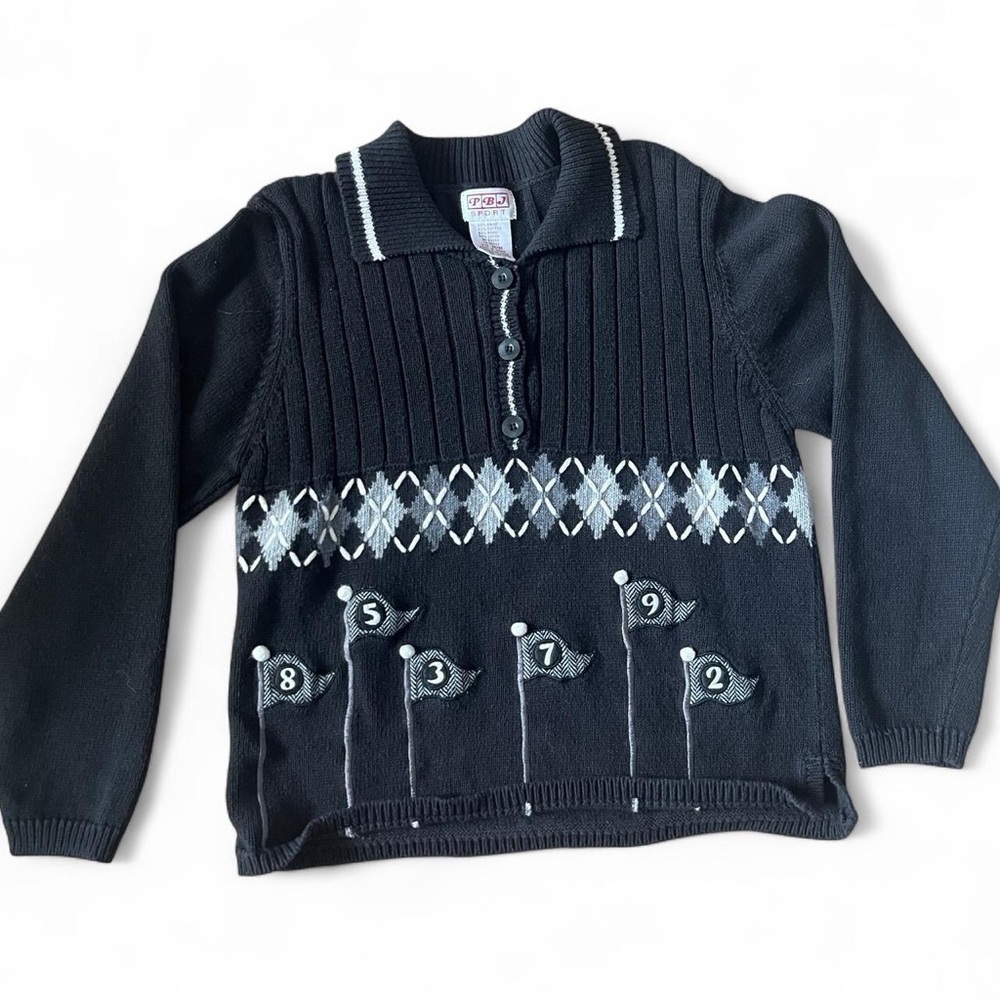 PBJ Sport Golf flags Vintage Black Argyle Sweater, Size Medium, Embroidered